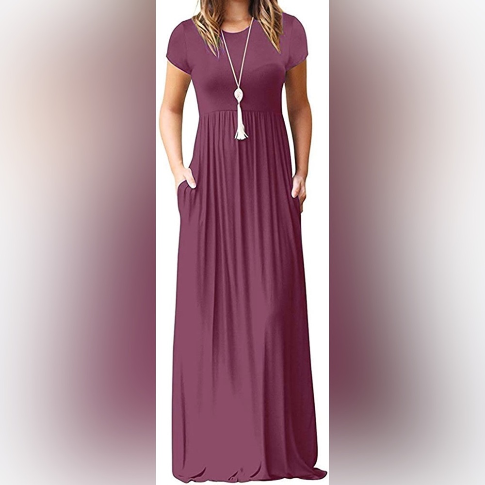 -Auselily Pink Rose Pockets Long Maxi Short Sleeve Dress Women’s Size X Small